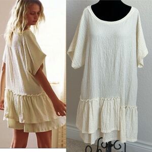 Free People Women's Large White Marni Tiered Tunic Blouse Top Coastal Beachy